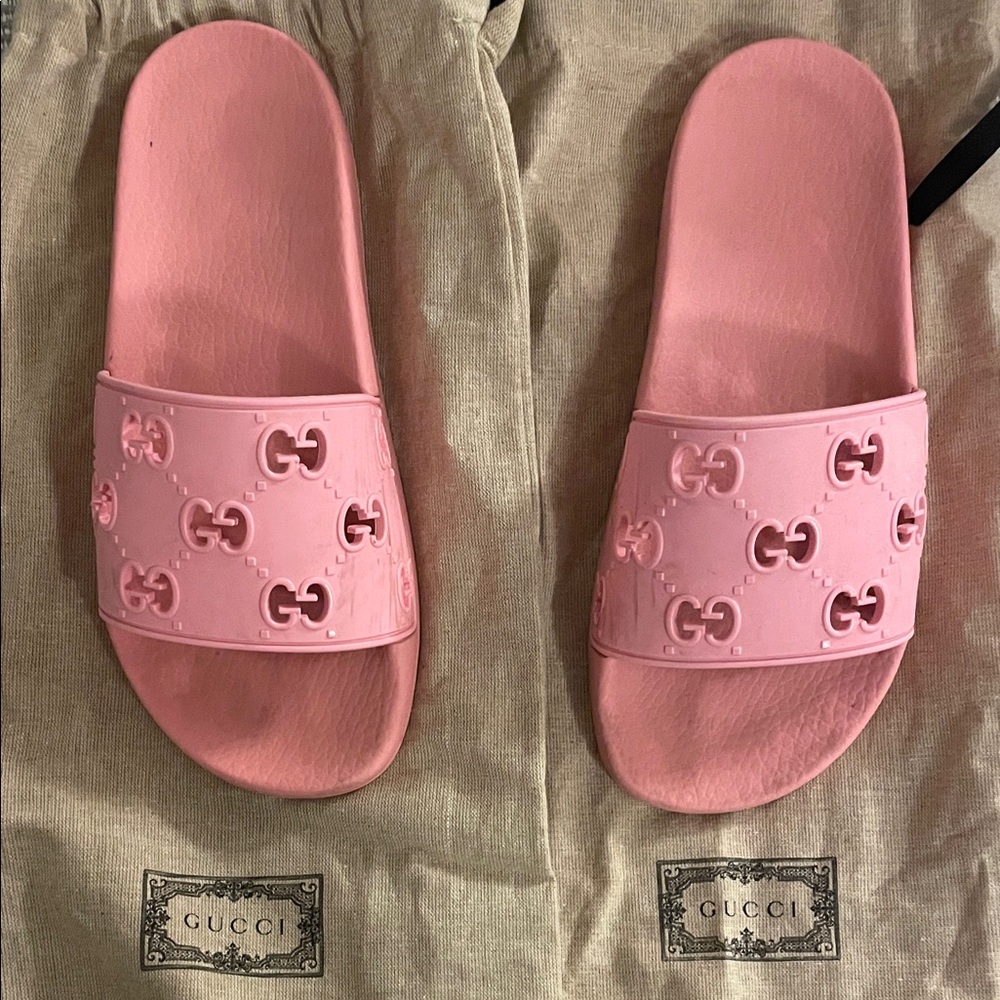 Gucci Pink Embossed Slide Sandals